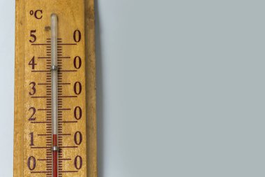 Odanın termometresi ahşap bir zeminde, beyaz arka plana yakın. Celsius derece ölçeği.