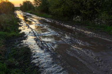 Günbatımında köyde derin rutubet ve su birikintileriyle kaybolan toprak yol..