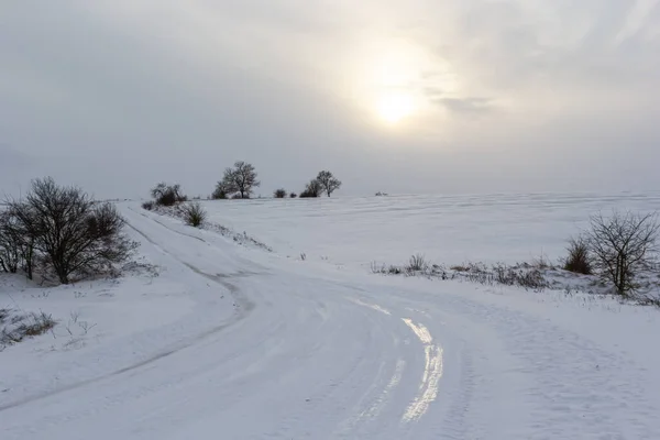 Uma Estrada Pelos Campos Cobertos Neve Pôr Sol Dia Inverno — Fotografia de Stock