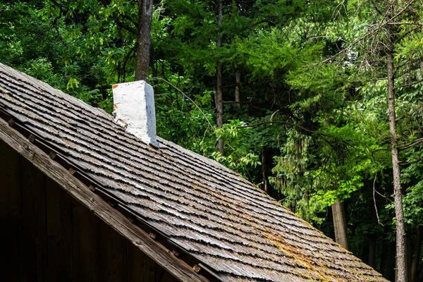 Tradycyjne Drewniane Dachówki Karpatach Ukraińskich Stary Dach Pokryty Drewnianymi Płytkami — Zdjęcie stockowe