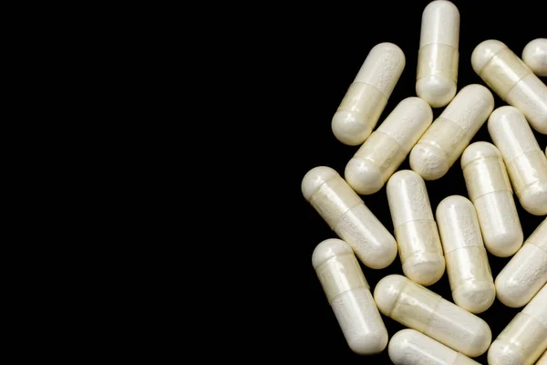 Capsule Bianche Pillole Sfondo Nero Con Posto Testo Medicina Concetto — Foto Stock