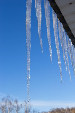 Icicles parlak mavi gökyüzüne karşı bir evin çatısında asılı. Evin çatısından sarkan buz saçakları olan bahar manzarası. Buz saçakları, kar şapkaları..