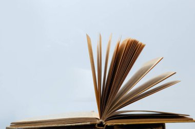 Kitap yığınları üzerine açık bir kitap arka plan shcool çalışma kitabı. Edebiyat, eğitim ve kitap yayıncılığı kavramı. Metin için boş alan.