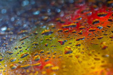 Soyut arka plan düşüşü, cam düşüşü sonbahar sarı yapraklar ıslak Ekim havası.