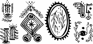 Etnik motif seti. Geometrik etnik elementlerin toplanması. Etnik süsler. Aztek işaretleri. Beyaz arkaplanda vektör illüstrasyonu.