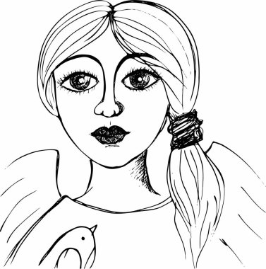 Vektör sanat çizim, beyaz izole muhteşem rüya gibi kız portresi. Yüz ifadeleri, insanlar olumlu duygular, ihale bayan.