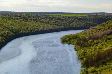 Yeşil bankalarda ormanları ile büyümüş geniş nehir.