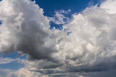 Mavi gökyüzündeki bulutlar Panoramik görüntü dokusu arkaplan grafik kaynakları tasarım meteoroloji, cennet umut barış kavramı.