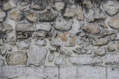 Arnavutluk 'ta, pürüzlü, pürüzlü taşlar arasında oyulmuş bir yaprak tasarımı içeren ve yerel tarih ve zanaatkarlığı ön plana çıkaran yıpranmış bir taş duvara yakından bakmak.