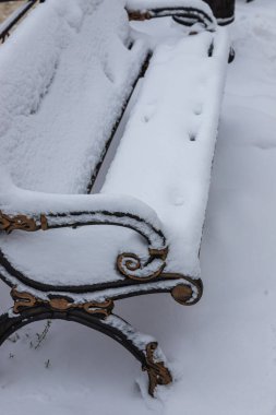 Taze karla kaplı bir park bankı, sakin bir kış manzarasıyla çevrili, doğanın güzelliğinin sessiz bir yansıması ve takdir edilmesine yol açıyor..