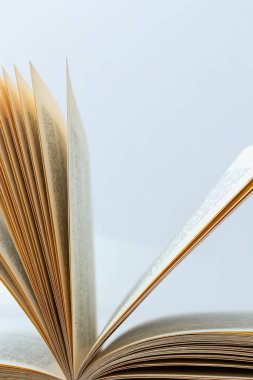 Beyaz arkaplanlı eski kitabı aç. Edebiyat, eğitim ve kitap yayıncılığı kavramı. Metin için boş alan.