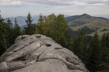 Büyük kayalık bir oluşum uzak dağların ve yemyeşil ormanların panoramik bir görüntüsünü sağlar, bulutlu bir günde doğanın dingin güzelliğini yakalar..