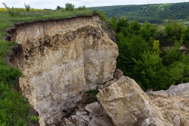 Erozyon, ilkbaharın başlarında yemyeşil bir ormanın yakınında sarp bir uçurumun kenarında kaya çökmesine neden olur..
