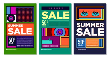 Yaz Satışı Destekleyici Sancak Tasarımı için Vektör Renkli Soyut Retro Renkli Geometrik Arkaplan