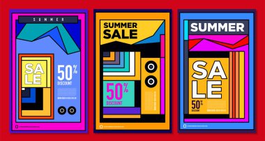 Yaz Satışı Destekleyici Sancak Tasarımı için Vektör Renkli Soyut Retro Renkli Geometrik Arkaplan