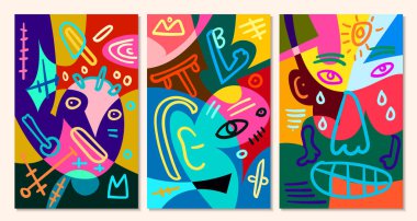 Yaz tasarımı için vektör renkli soyut pop sanat yüzü ve maske arkaplanı