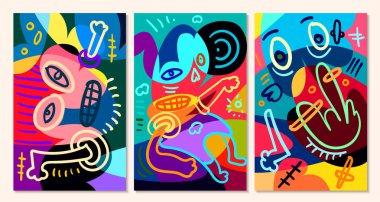 Yaz tasarımı için vektör renkli soyut pop sanat yüzü ve maske arkaplanı