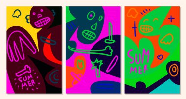 Yaz tasarımı için vektör renkli soyut pop sanat yüzü ve maske arkaplanı