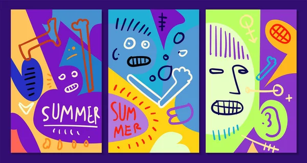 夏季设计的矢量彩色抽象流行艺术脸和面具背景 — 图库矢量图片