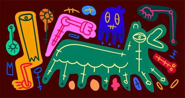 夏季设计用的矢量彩色抽象涂鸦艺术图解动物与人类 — 图库矢量图片