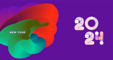 Mutlu yıllar 2024 Sosyal Medya için renkli tebrik kartı afişi. Vektör Soyut Akışkan Arkaplan Tasarım Şablonu