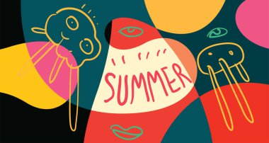 Yaz Tatili 2024 afiş tasarımı için Renkli Doodle Vektör Resimleri Arkaplanı