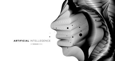 Yapay zeka teknolojisi dijital iletişim bilimi müziği konsepti için siyah ve beyaz izole arkaplanda dinamik bir yüz akan vektör dalga çizgileri