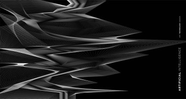 Yapay zeka teknolojisi tasarımı kavramı için beyaz ve siyah arkaplan üzerinde vektör soyut geometrik dinamik şekil