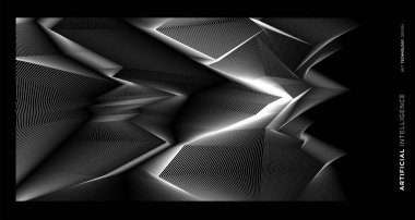 Yapay zeka teknolojisi tasarımı kavramı için beyaz ve siyah arkaplan üzerinde vektör soyut geometrik dinamik şekil