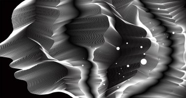 Yapay zeka teknolojisi tasarımı kavramı için beyaz ve siyah arkaplan üzerinde soyut dinamik akışkan çizgi hareketi grafiği