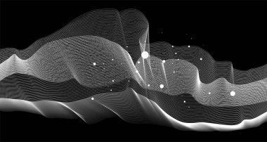 AI teknolojisi, dijital iletişim, 5G, bilim, müzik kavramı için beyaz ve siyah arkaplanda izole edilmiş vektör soyut dalgalı çizgiler akışı dinamiği