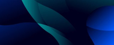 3D mavi ve yeşil geometrik arkaplan, dalga şekli dekorasyonuyla karanlık uzayda üst üste biner. Pankart ve pankart için minimalist modern grafik tasarım ögesi kesme biçimi konsepti