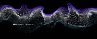 Akan parçacıklar dalga deseni mavi renk siyah arkaplanda izole. Yapay zeka teknolojisi, bilim, müzik, tasarım kavramında vektör.