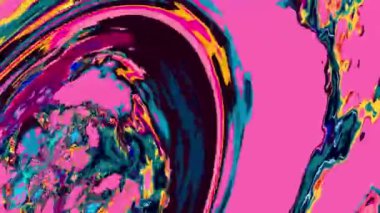 Akışkan sanat videosu, renkli dalgalarla soyut. Sıvı boya arka planda sıçramalar ve girdaplarla karışıyor.