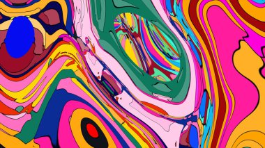 Birçok renkte girdap şeklinde, soyut bir boya deseni..