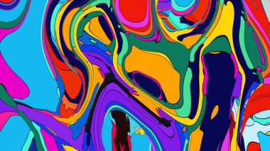 Sıvı ve canlı renklerin karışımını içeren cesur bir tasvir..