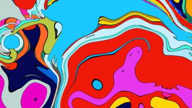 Girdapları ve dalgalı formları olan renkli, soyut bir tasarım..