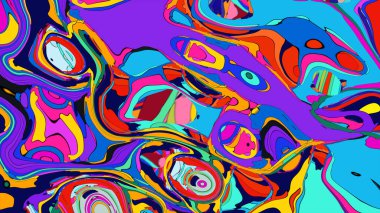Girdapları ve dalgalı formları olan renkli, soyut bir tasarım..