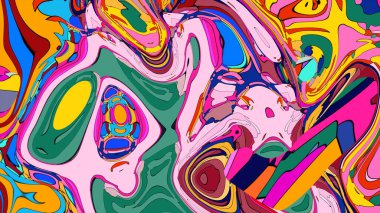 Akan şekiller ve psikedelik renklerin canlı bir karışımını içeren soyut bir illüstrasyon..