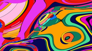 Akan şekiller ve psikedelik renklerin canlı bir karışımını içeren soyut bir illüstrasyon..