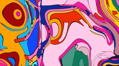 Akan şekiller ve psikedelik renklerin canlı bir karışımını içeren soyut bir illüstrasyon..