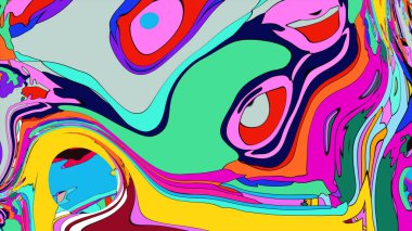 Akan şekiller ve psikedelik renklerin canlı bir karışımını içeren soyut bir illüstrasyon..