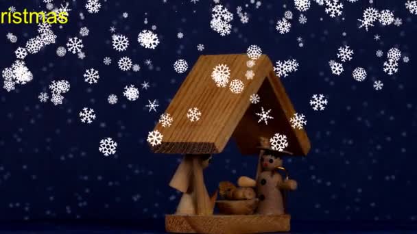 Belén Decoración Navideña Con Figuras Nieve Cayendo Mesa Giratoria — Vídeo de stock