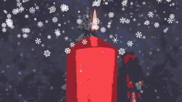 Hořící Svíčka Sněhobílá Jedle Santa Claus Padající Sníh Točnici Kresleném — Stock video