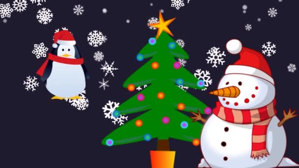 Snögubbe Med Snö Och Hoppa Pingvin Jul Och Jultomten Dekoration — Stockvideo