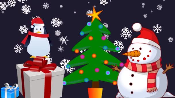 Sněhulák Dárky Skákání Tučňák Sněžení Vánoce Santa Claus Animace — Stock video