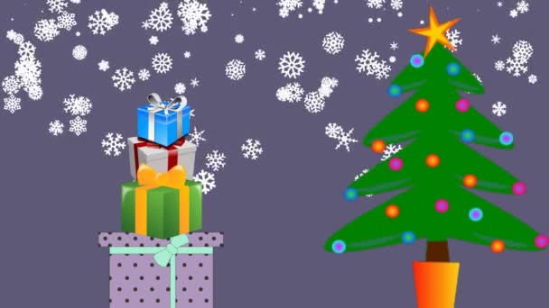Torre Regalos Con Nieve Árbol Navidad Una Sorpresa Navidad Decoración — Vídeo de stock