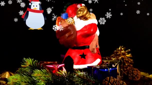 Jultomten Kommer Till Stan Rolig Pingvin Meddelar Honom — Stockvideo