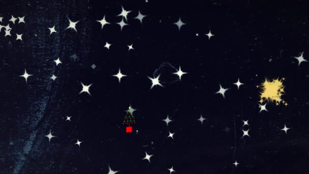 圣诞树上的信息圣诞快乐 带着闪闪发光的星星在宇宙中飞舞 — 图库视频影像