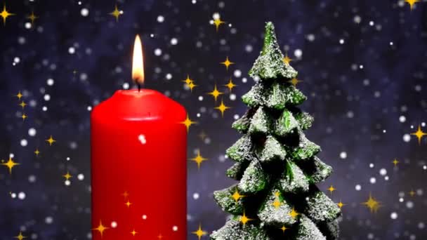 Decoração Natal Com Vela Ardente Árvore Natal Neve Caindo Mensagem — Vídeo de Stock